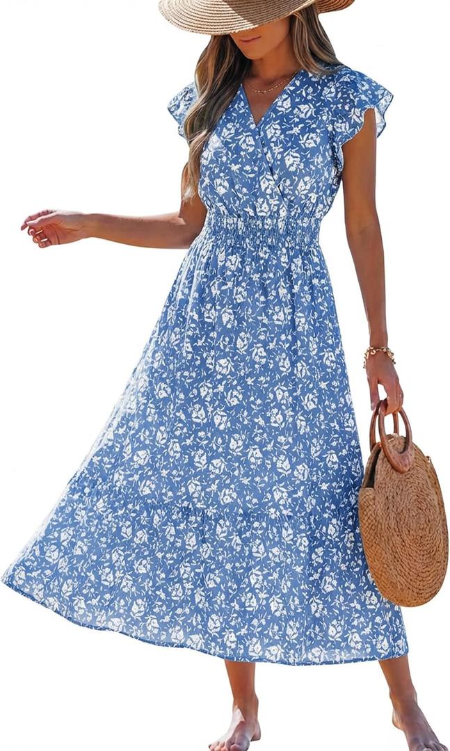 Women's Summer Floral Midi Dress Smocked Waist V Neck Ruffle Sleeve Boho Tiered Sundress Casual Beach Vacation Outfit (Blue, S)