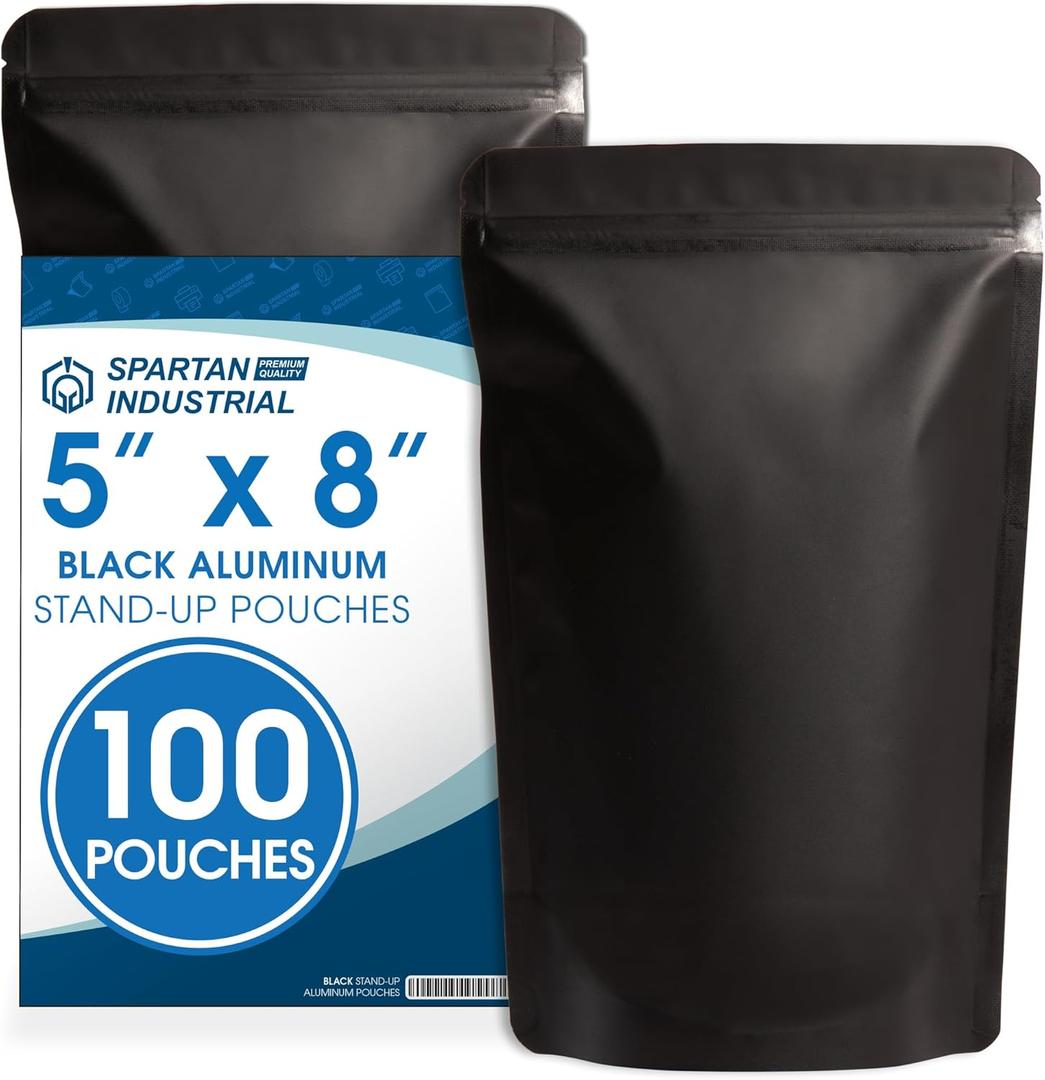 Spartan Industrial 5" X 8" Matte Black Stand-Up Pouch Bags - 100 Count Smell-Proof Mylar Bags With Heat Sealable Opening and Resealable Zipper
