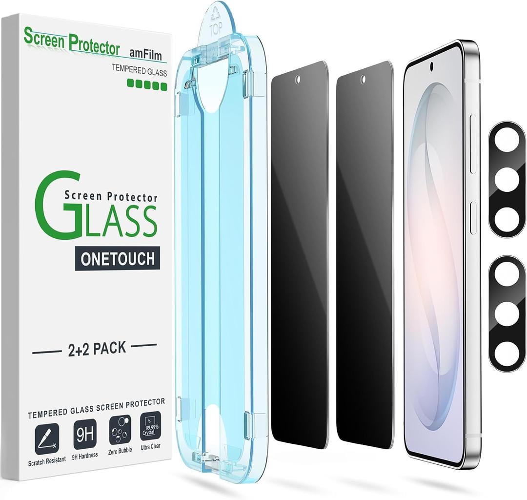 amFilm Auto-Alignment OneTouch for Samsung Galaxy S26+/S26 Plus 6.7" Privacy Screen Protector + Camera Lens Protector, Tempered Glass, 30 seconds Installation, Bubble Free, Privacy Protection 2+2 Pack