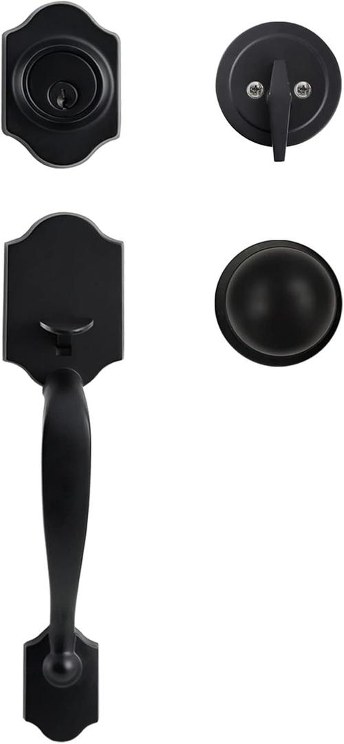 MIRUO Front Door Lock Set Door Handle Sets Entry Door Locksets with Deadbolt Single Cylinder HandleSet with Curved Handle Lower Half Grip Round Knob, Black