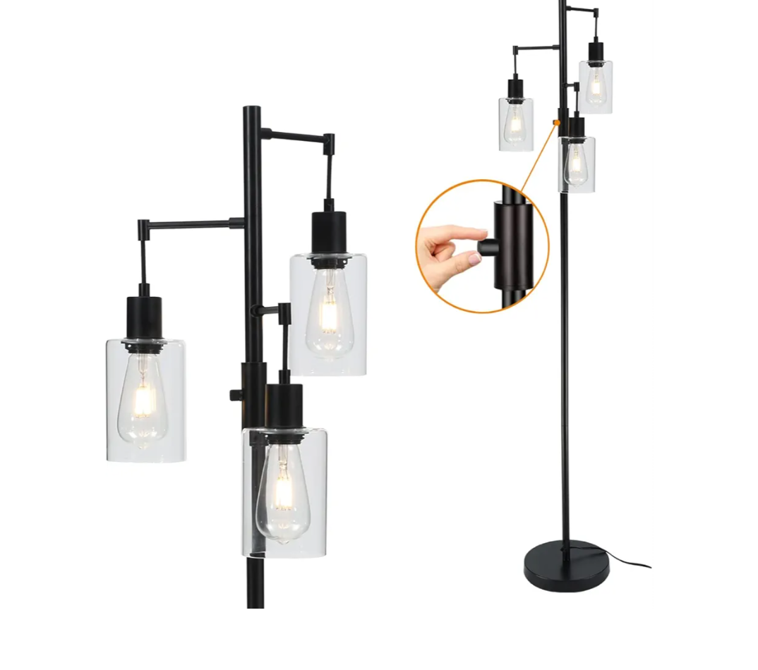 3 Lights Floor Lamp, Industrial Tree Lamp for Living Room Bedroom, Black Modern Dimmable Farmhouse Standing Lamp, Tall Pole with Clear Glass Shade