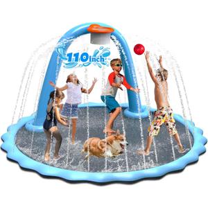 110'' Splash Pad with Ball, Basketball Hoop & Arch, Outdoor Water Mat for Kids, Dogs & Adults, Non-Slip Thickened Sprinkler Pad for Backyard Summer Fun