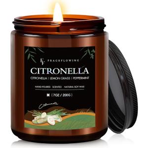 Citronella Candle, Indoor Outdoor Lemongrass Scented CandleNatural Soy Wax Jar Candle, 50-Hour Burn Time, 7 oz