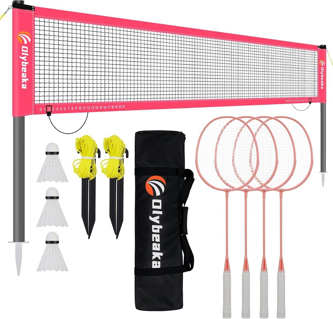 Outdoor Baminton Net Set for Backyard, Beach, Family Games with 20 * 3ft Anti-sag Net, 4 Aluminum Badminton Rackets, 3 Shuttlecocks, Carring Bag - Easy Set Up & Portable