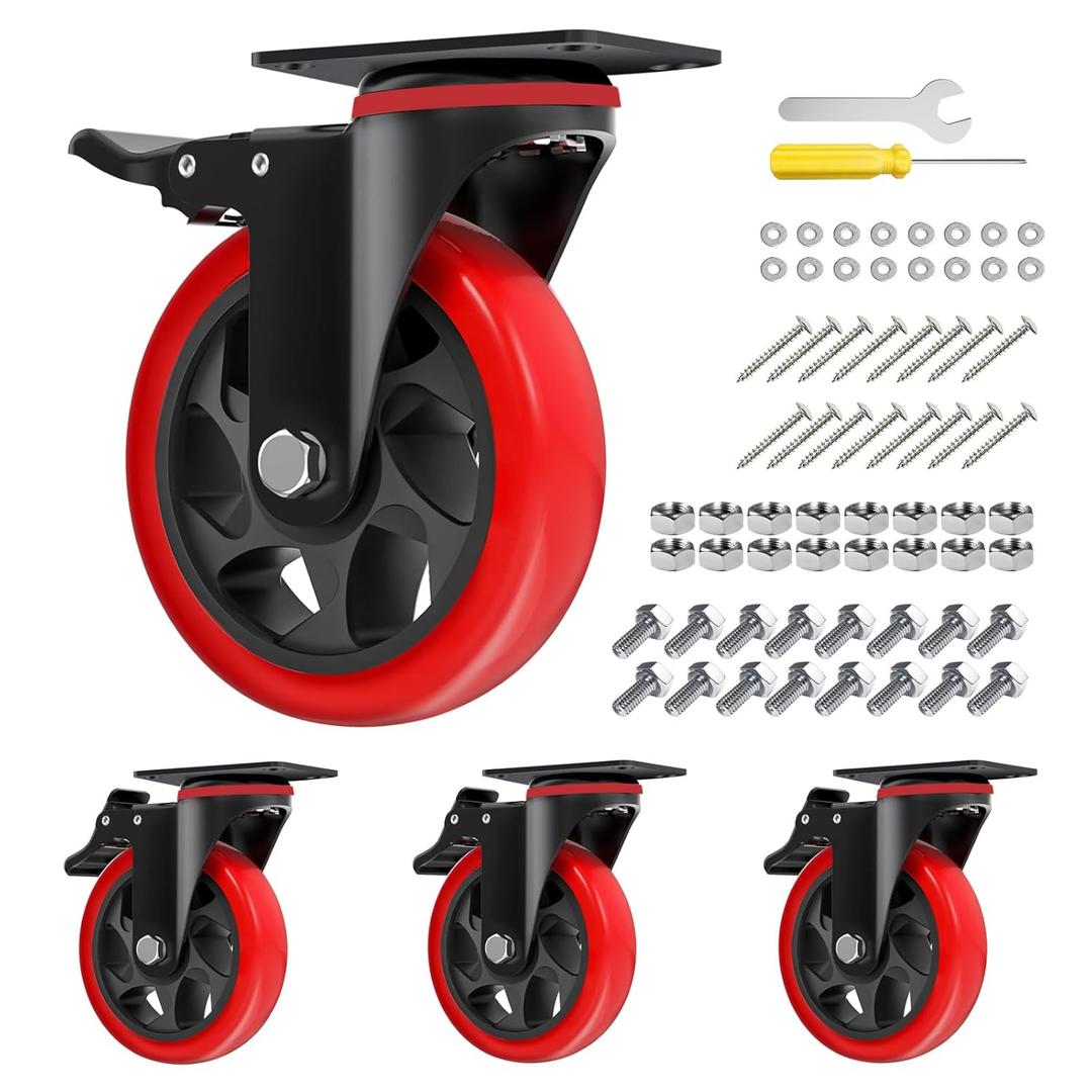 5 inch Swivel Caster Wheels with Safety Total Lock, Total Capacity 1200lbs, 360 Degree Heavy Duty Plate Casters (Pack of 4,Red)