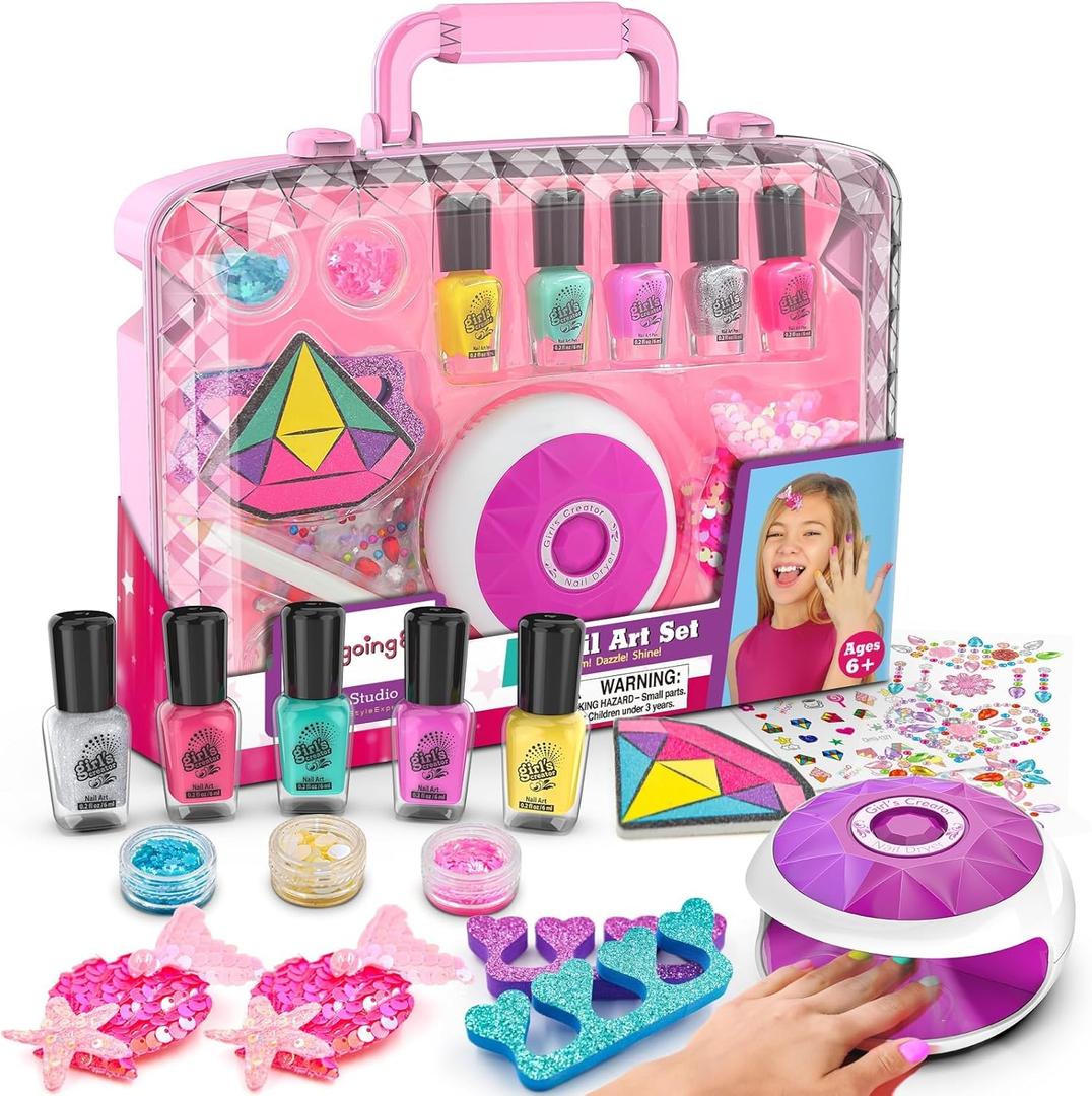 Amagoing Kids Nail Polish Set for Girls, All-in-One Nail Art Kit with Storage Box Ages 6-8, Non Toxic Nail Polish, Nail Dryer, Mermaid Hair Clip, Little Girl Toys Birthday Gift for 5 6 7 8 Years Old