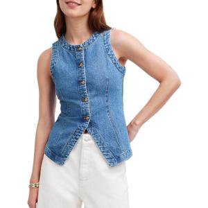 Women's Denim Vest Sleeveless Button Down Casual Jean Crewneck Waistcoat Denim Top (L)