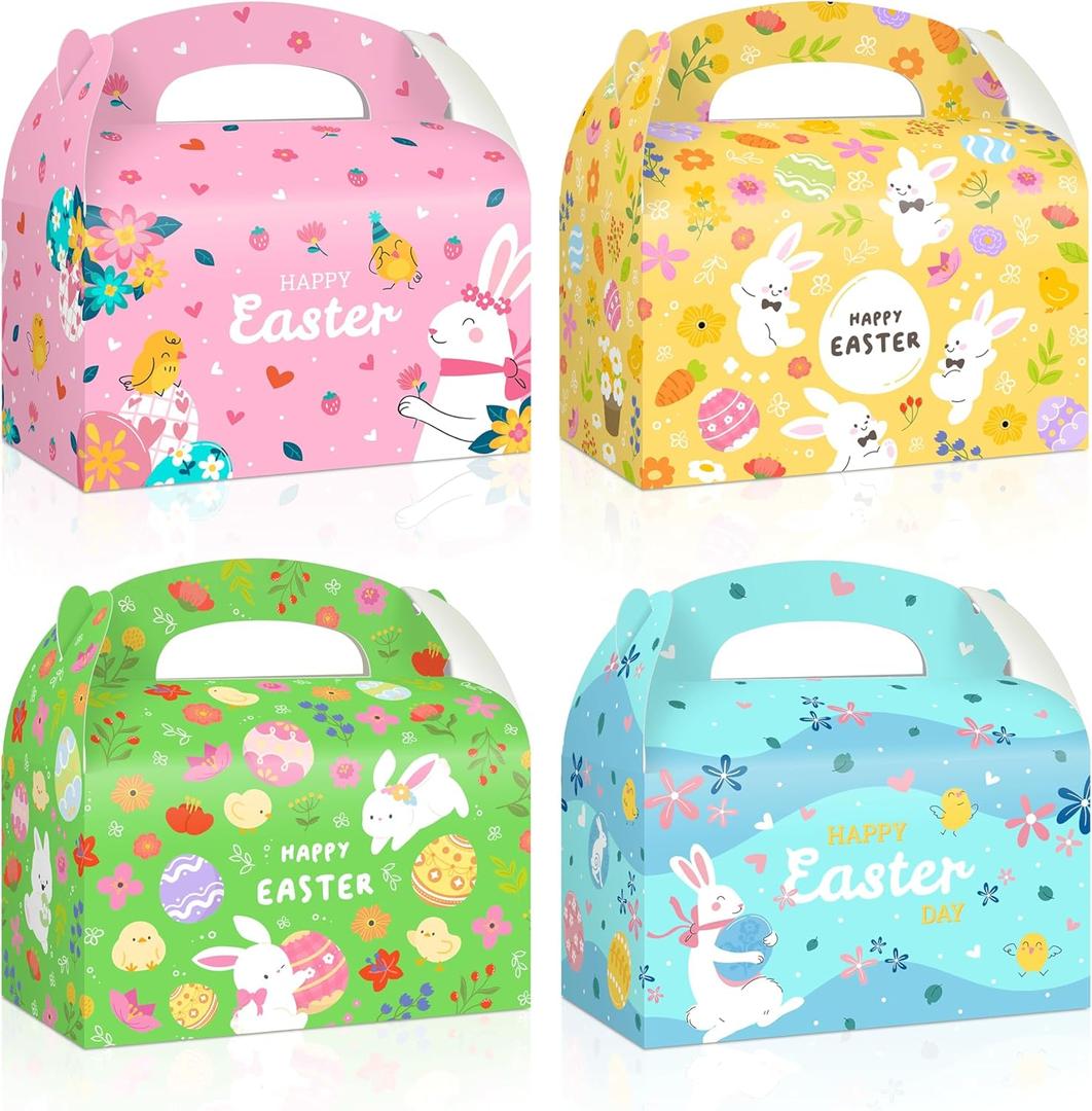 Reyoust 24Pcs Happy Easter Goodie Gable Paper Gift Boxes with Handles 4 Styles Bunny Gable Box Colorful Easter Egg Party Favor Treat Boxes Pink Yellow Green Blue Spring Holiday Party Decorations