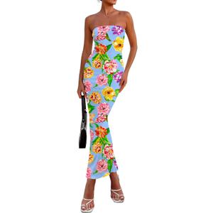PRETTYGARDEN Women's 2026 Summer Floral Bodycon Maxi Dresses Ribbed Strapless Tube Casual Boho Party Long Dress (Blue, XL)