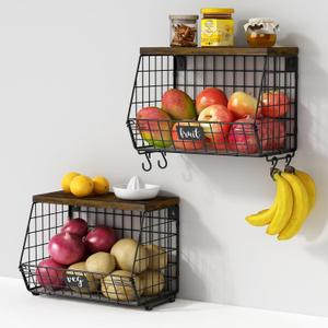 Hanging Wall Fruit Basket for Kitchen Counter 2 Pack, Stackable Wire Baskets for Organizing with Wood Lid, Potato and Onion Storage Bin with Banana Hook for Vegetable Produce, Black + Rustic