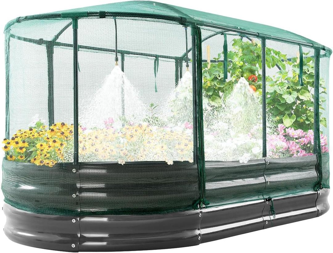 Quictent Galvanized Raised Garden Bed Kit with Self Watering System and Mesh Cover, Large Oval Metal Outdoor Planter Garden Boxes for Vegetables Herbs Flowers, 6x3x1Ft