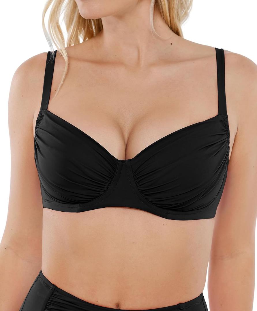Popilush Bikini Tops for Women - Underwire Swimsuits Push Up Shapewear Ruched Bikinis Swimsuit Tops 2025 Bathing Suit (Small, Black)