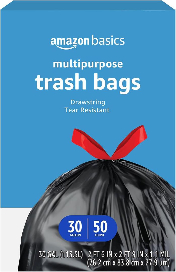 Amazon Basics Multipurpose Drawstring Trash Bags, 30 Gallon Capacity, Tear Resistant, 50 Count (Previously Solimo)