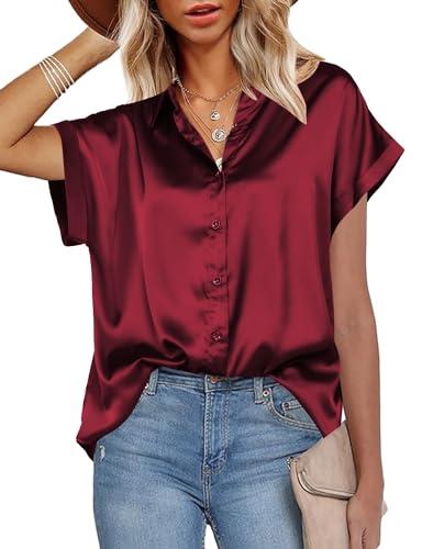 HOTOUCH Button Down Shirts for Women Casual Short Sleeve Silk Satin Blouse V-Neck Tunic Top Wind Red L