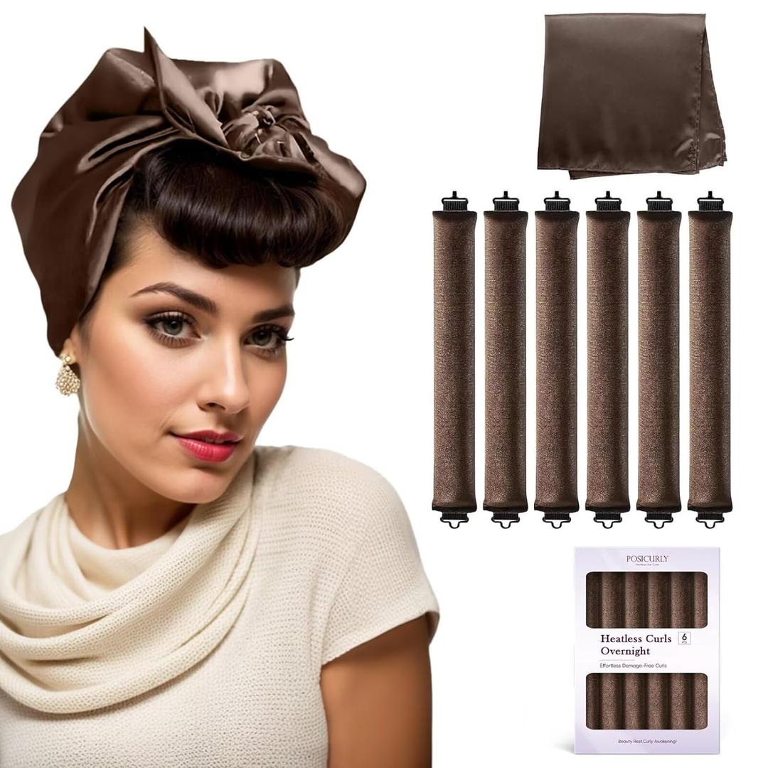 Overnight Hair Curlers Heatless Curls - 6 Pcs No Heat Blowout Curling Rods to Sleep In with Satin Hair Scarf (Brown)
