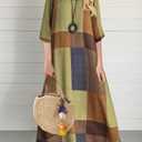 Women's Vintage Geometric Print Maxi Dress Color Block Plaid Design Crew Neck 3/4 Sleeve Loose Fit Long Dresses (Medium)
