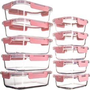 UMEIED 10 Pack Glass Food Storage Containers with Lids Leakproof, Airtight Glass Meal Prep Containers For Lunch, On The Go, Leftover, Dishwasher Safe (Pink)