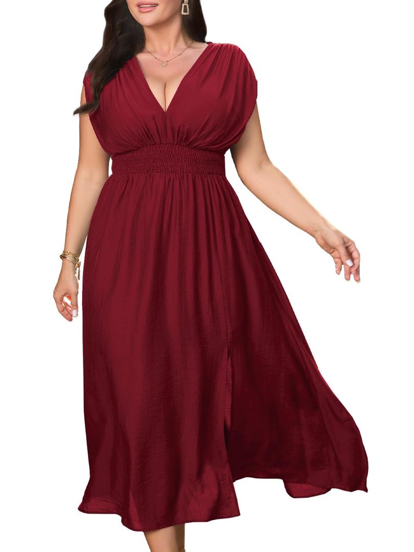 baronshion Womens Plus Size Dresses Short Sleeve V Neck Casual Dress Elastic Waist Flowy A Line Long Maxi Dresses Red (Red, XXL)