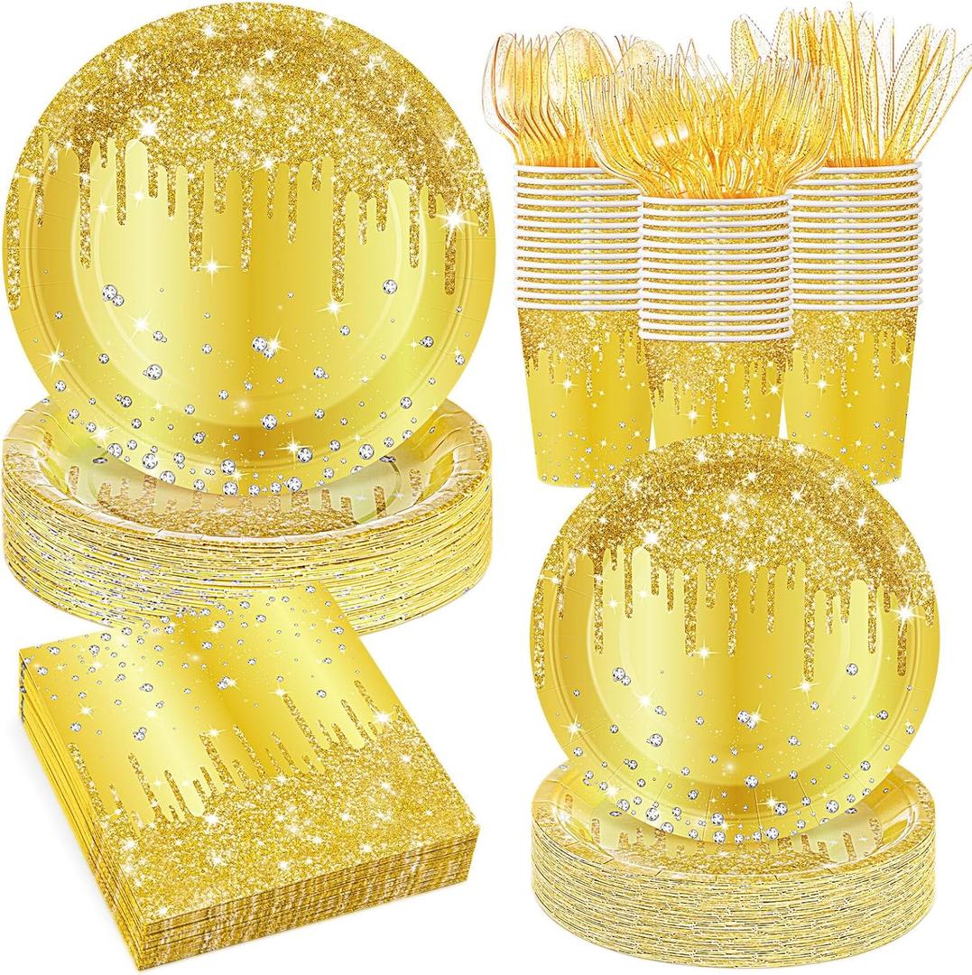 400 Pcs Gold Birthday Party Decorations Golden Glitter Paper Plates Disposable Diamonds Napkins and Cups for Women Birthday Anniversary Wedding Party Decorations Supplies