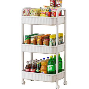 JOYZAN 3 Tier Rolling Carts with Wheels, Utility Cart with Handle and Locking Caster, Storage Cart for Kitchen, Office, Bedroom, Suitable for Diaper, Art Tools, Snack, Craft Storage Cabinet, White