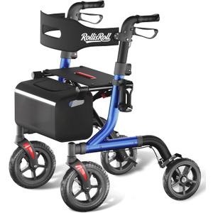 Walkers for Seniors with Seat, Foldable Rollator Walker, Reinforced Aluminum Frame, 10" Big Rubber Wheels for All Terrain, Built-in Cable, Lightweight Rolling Walker, Blue