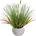 AlphaAcc 16.5" Fake Grass Plant Decorative Faux Greenery in Textured Gray Stripe Planter Lifelike Artificial Potted Plant for Modern Farmhouse Living Room Bedroom Kitchen Office Table Decor