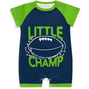 7 x Baby Football Clothes Outfit, Short Sleeve Little Champ Printing, Crewneck Romper Bodysuit Infant Football Clothes (3-6 Months, Navy & Lime)