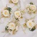 USIX 2pc Pack-Handmade Artificial Flower Rose with Gold Leaves Ribbons Artificial Pearls Wrist Corsage & Men's Lapel Boutonniere Pin Combo Set Package for Wedding Party Prom Homecoming (Corsage Pack)