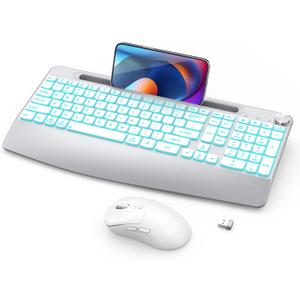 Wireless Keyboard and Mouse Backlits - Full-Sized Ergonomic Lighted Keyboard with Wrist Rest, Phone Holder,2.4GHz Rechargeable Silent Keyboard Mouse Combo for Computer, Laptop, PC, Mac -White