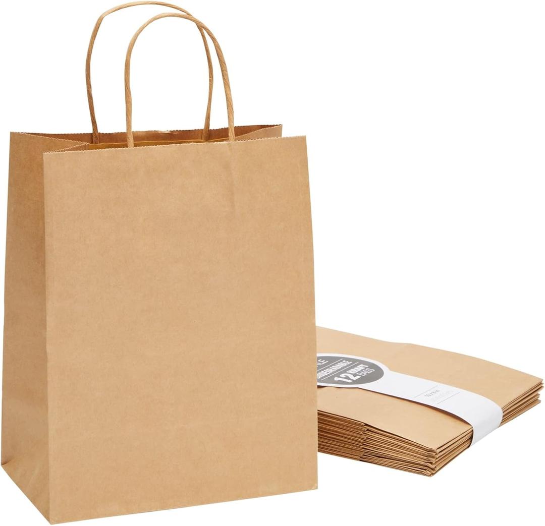 Juvale Brown Gift Bags with Handles - 12-Pack Large, Brown, 8 x 4.75 x 10 In, 120 GSM Paper - Paper Gift Bags Bulk for Party Favors & DIY Decorating & Branding