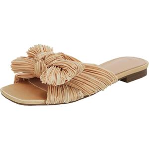 VETASTE Women's Pleated Bow Flat Sandals Open Square Toe Slip on Slide Sandals, 10