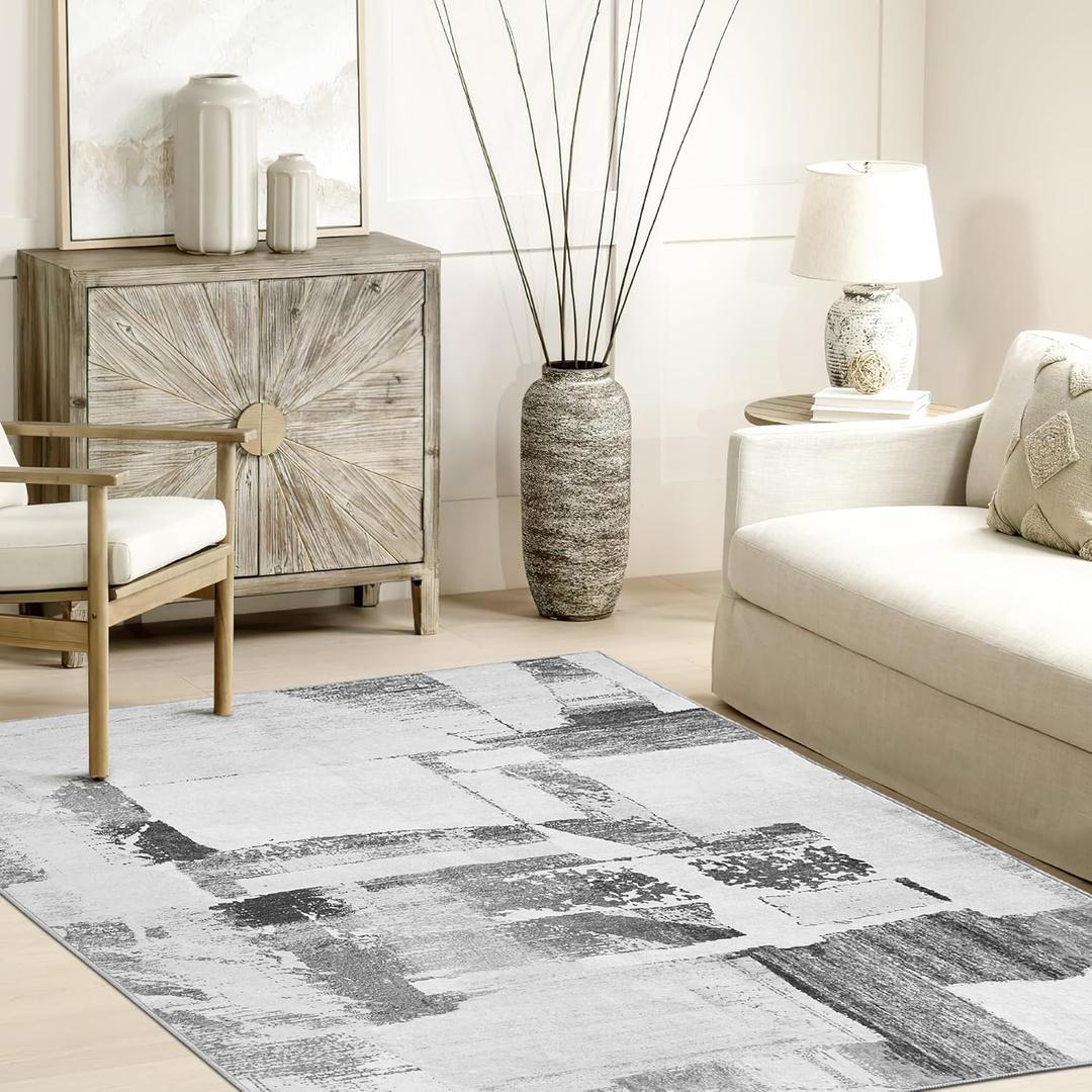 RYB HOME Washable Living Room Rug, 8x10 Large Area Rug for Bedroom, Ultra Soft Faux Wool Non Slip Modern Abstract Neutral Floor Carpet for Dining Home Office Nursery Playroom, 8x10 ft, Black