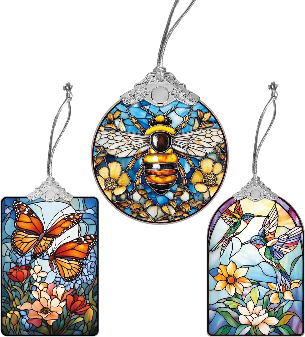 Set of 3 Christmas Tree Ornaments, Stained Glass Style Hanging Decorations and Acrylic Window Suncatchers, Hummingbird, Butterfly and Bee Designs, for Women Mom
