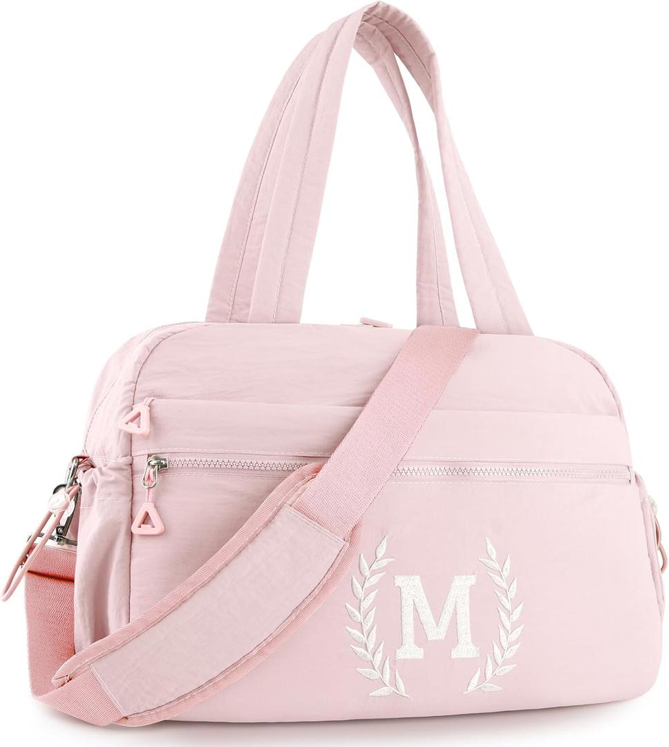 Christmas Gift for Women, Kid & Friend, Initial Girls Duffle Bag, Monogrammed Personalized Overnight Weekender, Birthday Gifts for Teen, Mom, Daughter, Grandmother, Dad (Pink, M)