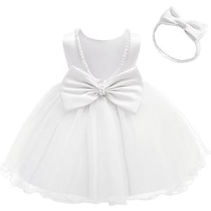 Baby Backless Pageant Dress Toddler Girls Tutu Gown Flower Dresses with Headwear (3-4T, White)