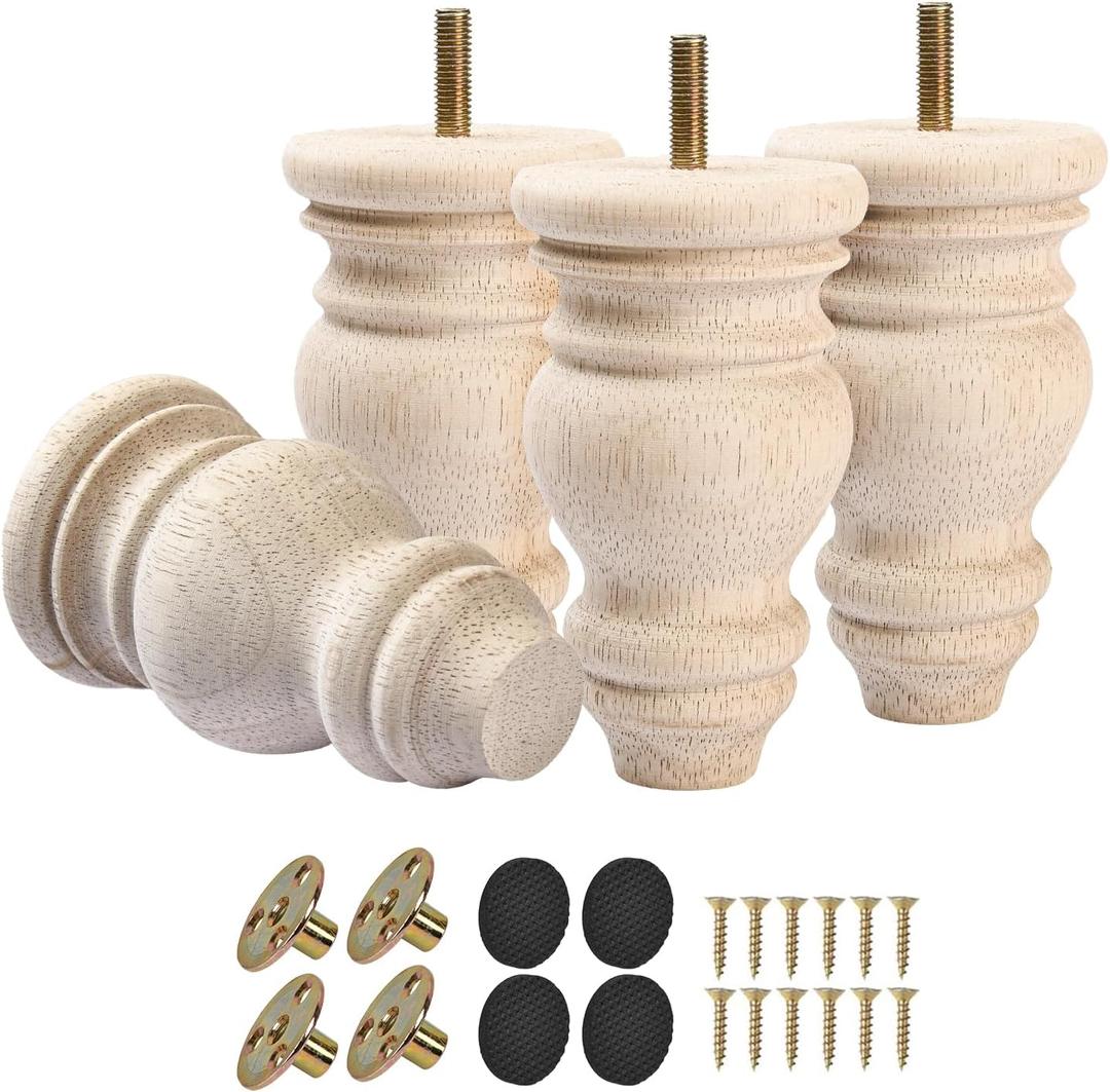 5 inch / 12cm Wooden Furniture Legs, Tchosuz Pack of 4 Unfinished Solid Wood Turned DIY Replacement Bun Feet with M8 Hanger Bolts & T-Nuts or Sofa Couch Cabinet Recliner Ottoman Riser