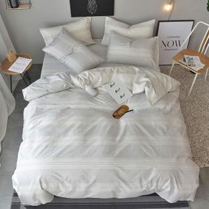 Duvet Cover Set Full/Queen Size 100% Cotton White/Light Gray Printed Striped Reversible Design 3Piece Bedding Set (1 Duvet Cover + 2 Pillow Shams) with Zipper Closure Soft Breathable (White and Silver)