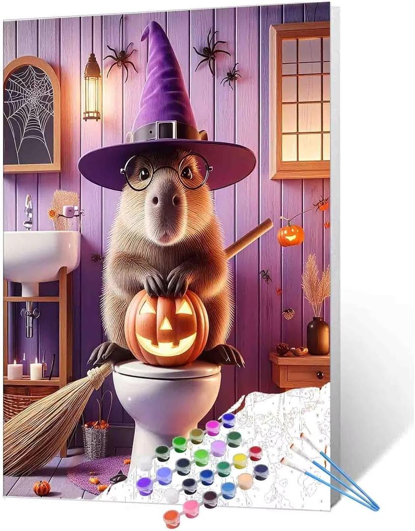 Walarky Halloween Paint by Numbers for Adults Capybara Painting Kits Art with Brushes Hallowmas Acrylic Pigment Wall Decor Unique Gift (Frameless) (16''x20''(Frameless))