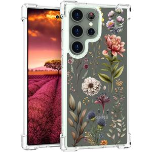 Compatible with Samsung Galaxy S24 Ultra Case Designer Cute Clear for Women,Cool Transparent Silicone Phone Cases Cover - Brown Botanical Flowers Herbs