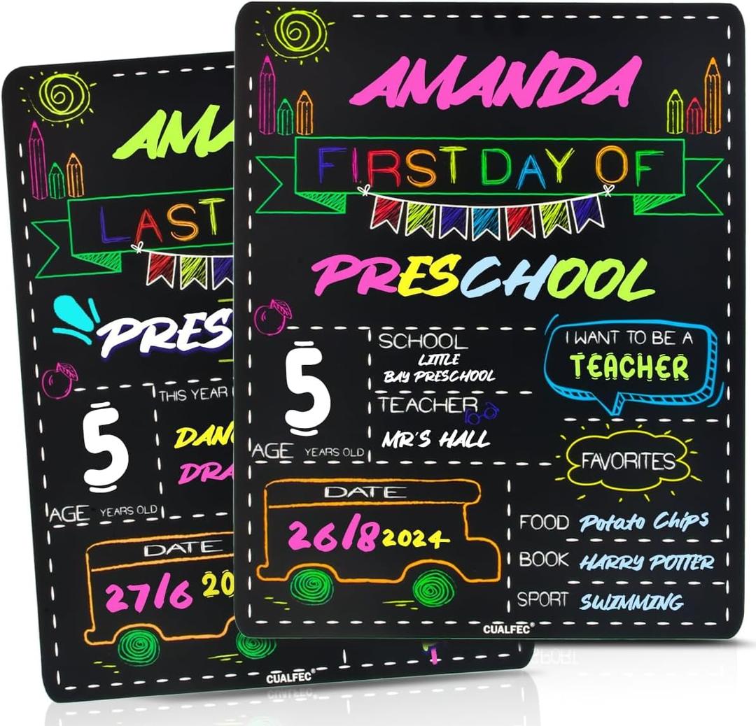 Personalized First Day and Last Day of School Sign 13" x 16" Large Chalkboard Style Photo Prop Back to School Supplies - 2 Pcs