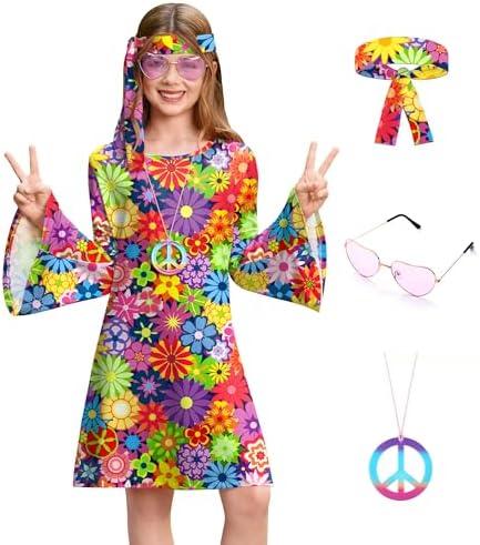 BesserBay Girl's 4 Pcs Halloween 70s Hippie Dress Bell Sleeve Floral Printed Outfit Size 140