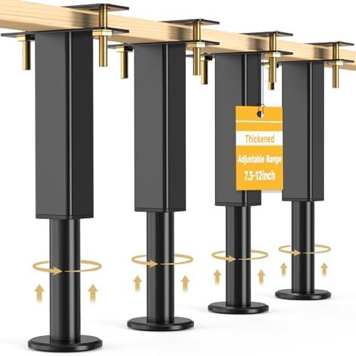 6PCS Adjustable Height Bed Support Legs, 7.3-12 In, Metal Heavy Furniture Legs with Rubber Non-Slip Base for Sofa/Cabinet/Couch/Dresser/Table, Furniture Feet Replacement for King Queen Bed Frame Slat