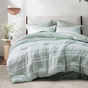 Bedsure Full Comforter Set 7 Pieces, Sage Green Striped Bedding Set for All Seasons, Reversible, Cationic Dyeing Bed in a Bag with Comforter, Sheets, Pillowcases & Shams