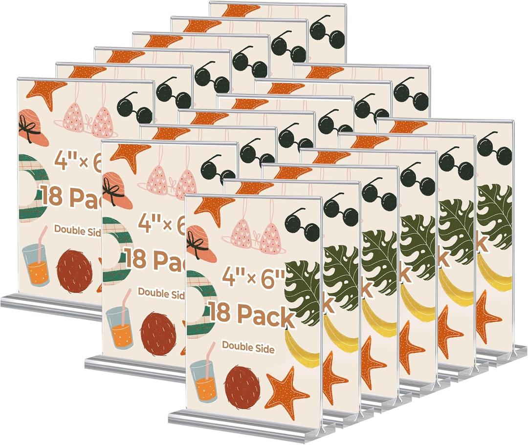 18 Pack 4x6 Acrylic Sign Holders, Clear Plastic Picture Frames 4x6  Double-Sided Vertical Table Number Holders Acrylic Display Stands for Restaurants Weddings Offices  T-Shape Photo Holder for Table