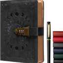 ZXHQ A5 Journal with lock, 120Gsm 224 Pages Lock Diary, Pen Set, Brown Edge, Refillable, Leather Hardcover, Fine Inner Pocket (5.9 x 8.5 inch) - Black