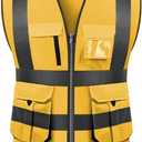 High visibility reflective safety vest multi pockets Hi-vis vest workwear safety waistcoat with reflective strips (Yellow, XXXL)