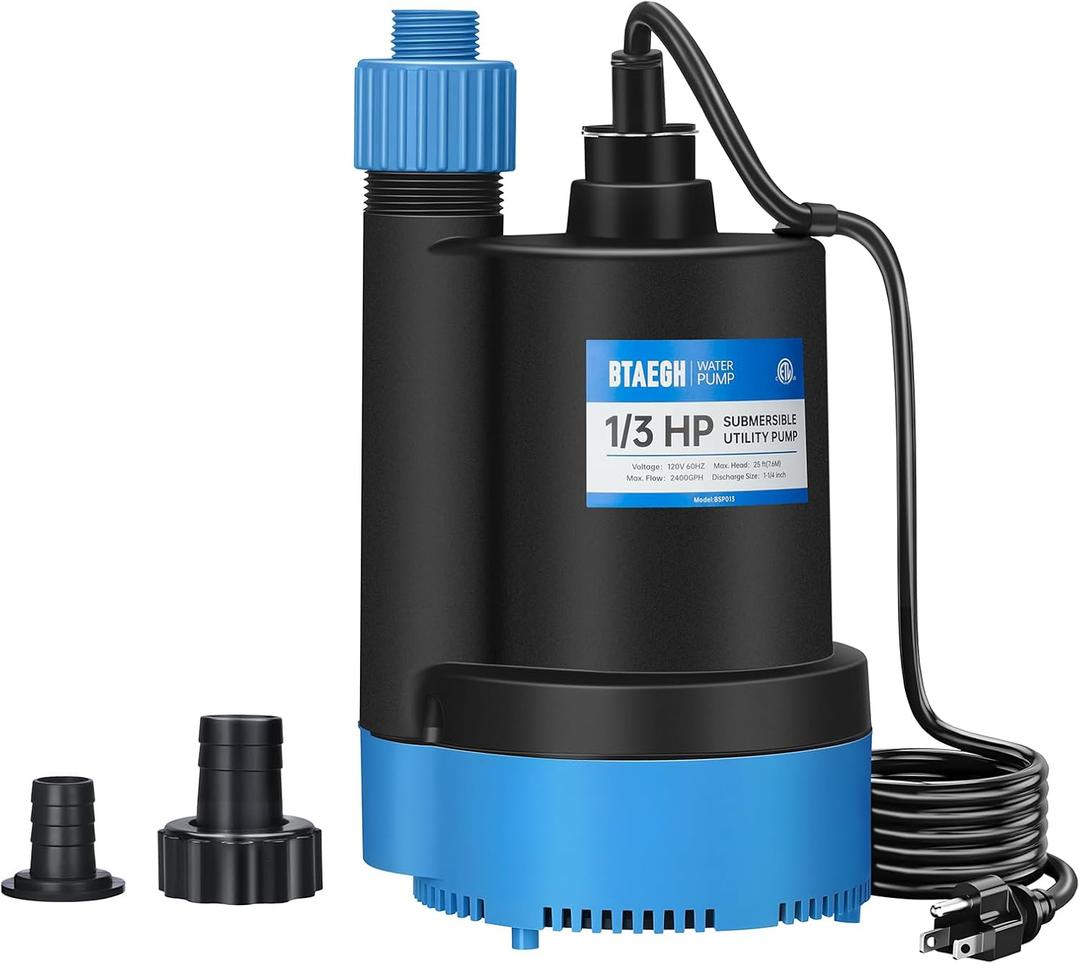 1/3 HP Submersible Water Pump 2400GPH Small Sump Pump Thermoplastic Electric Portable Transfer Utility Pump Clean for Swimming Pool Basement Garden Pond