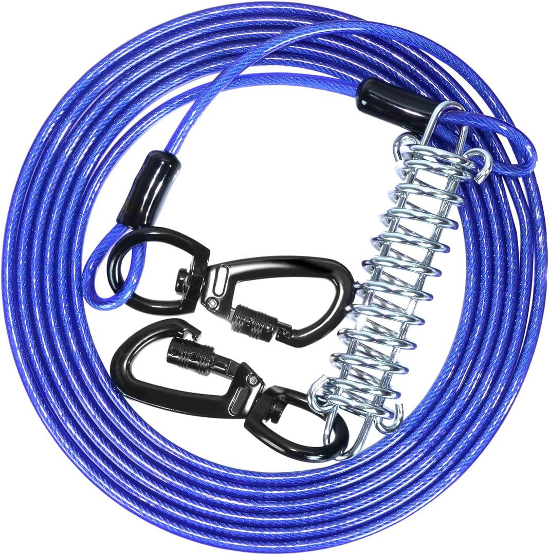 Dog Tie Out Cable,20FT Heavy Duty 4mm Outdoor Runner Cable with Shock Absorbing Spring and 360Swivel Clips, Dogs Chain for Yard Training Running, Fit Medium Large Pets Up to 350lbs, Blue