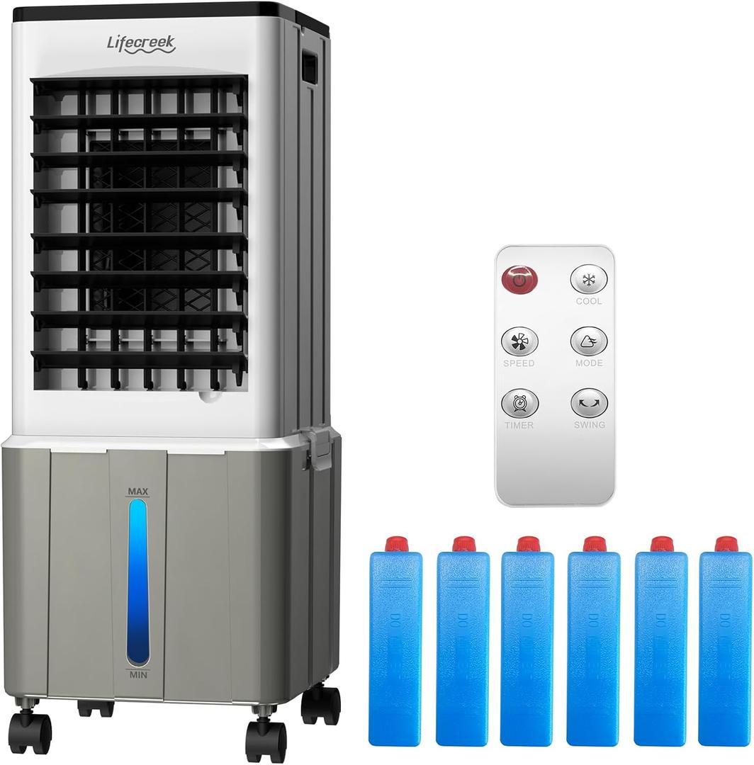 Lifecreek Portable Air Conditioner, 3-IN-1 Evaporative Air Cooler 3.2Gal Tank, 4 Modes & 3 Speeds, 12H Timer, 6 Ice Packs, Remote Control, Windowless Swamp Cooler for Bedroom,Home,Light Yellow