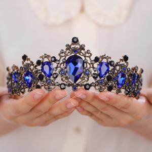 Baroque Queen Blue Black Crystal Gold Headpiece Gold Princess Wedding Headband Royal Crystal Rhinestone Hair Costume for Women and Girls (blue)